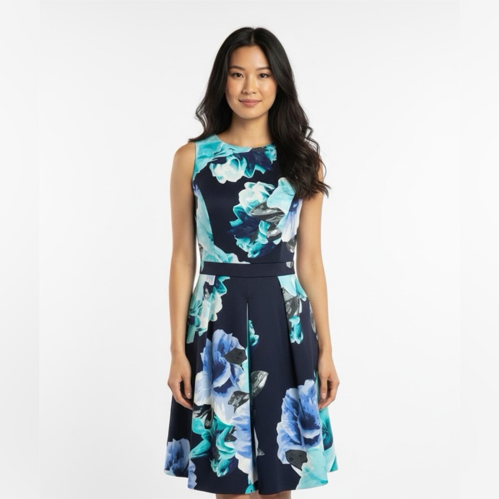 Vince Camuto Navy and Teal Floral Midi Dress